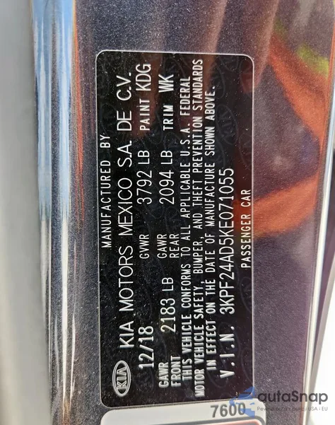 2019 Kia Forte Fe from USA, damaged, VIN 3KPF24AD5KE071055